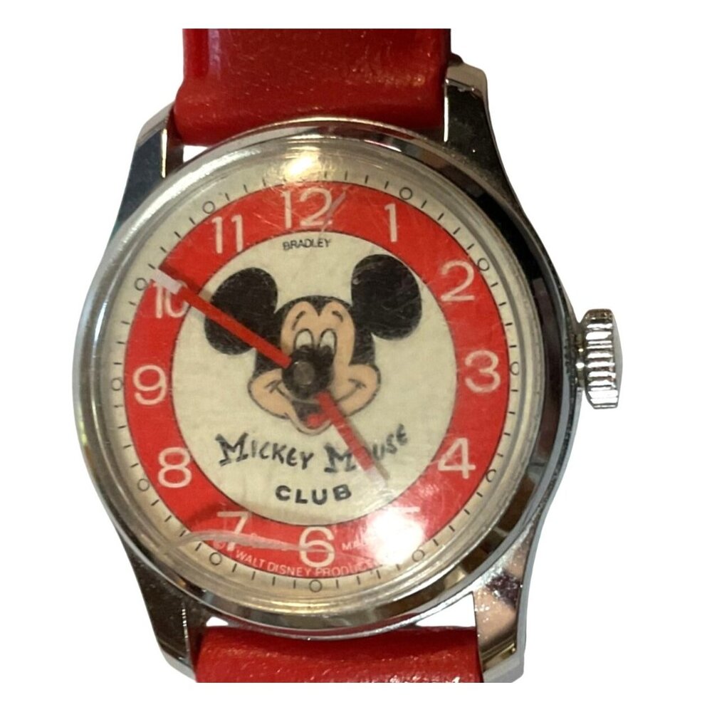 Vtg Mickey Mouse Club Watch With Red Strap Bradley Swiss Made Repairs Or Parts